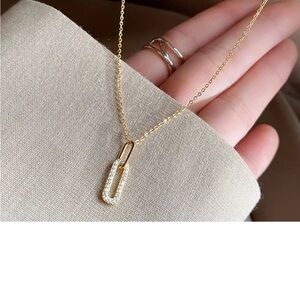 New 925 Sterling Silver Dainty Gold Paper clip Necklace with Crystal Accents